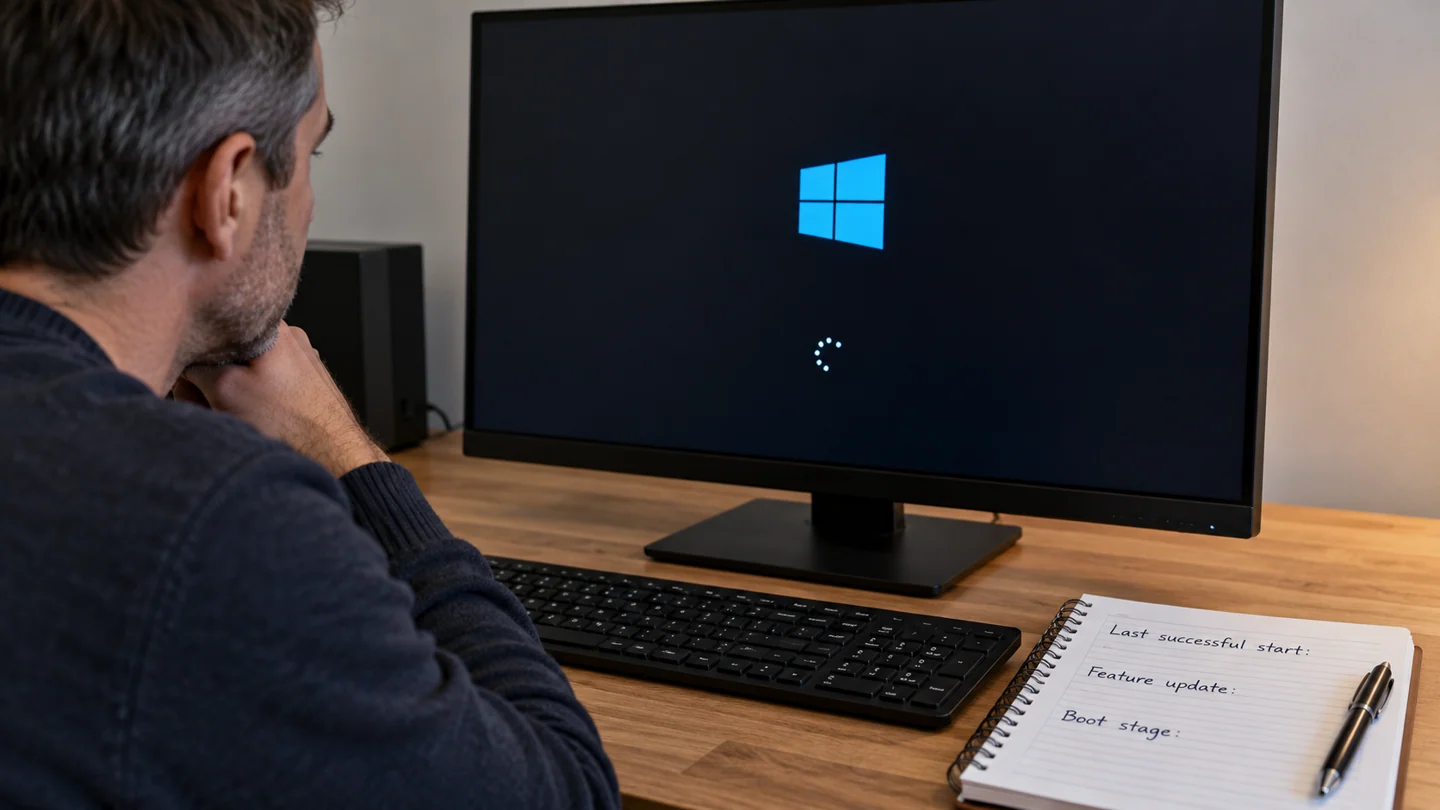 AI-created photo of a technician observing a computer starting after a Windows update