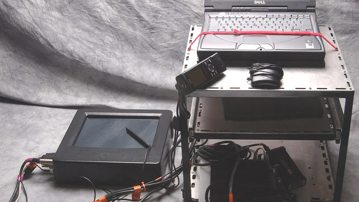 C.2004. Digital Aerial Sketch Mapping (DASM) system's laptop, power board, Garmin GPS, and KDS touchscreen in a computer rack designed by the Forest Health Technology Enterprise Team (FHTET). (35449810415)