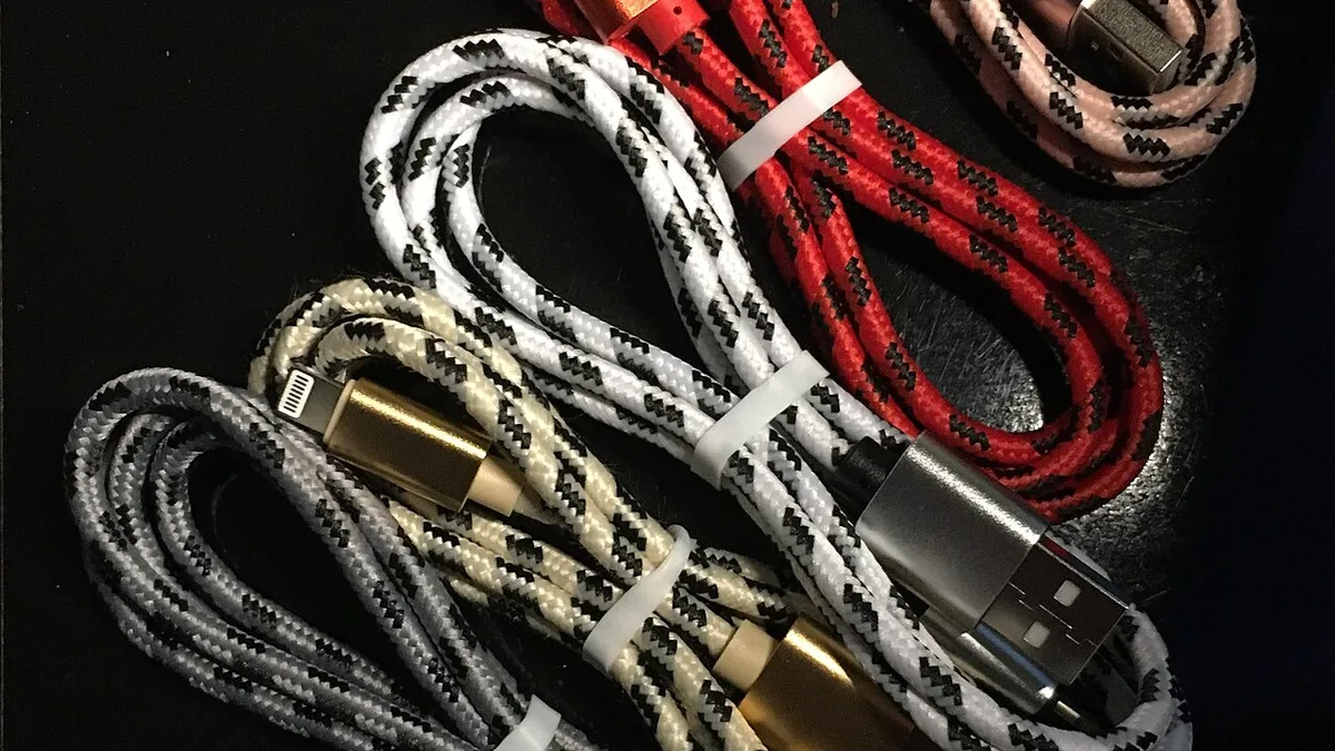 Five USB cables with braided jackets in different colours