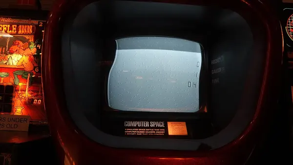 Computer Space monitor close-up, game powered on, inverted picture because damage has been taken in-game - at Billy's Midway Arcade - January 2025
