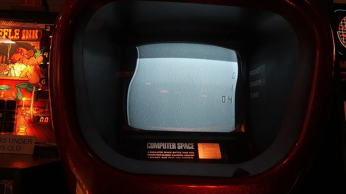 Computer Space monitor close-up, game powered on, inverted picture because damage has been taken in-game - at Billy's Midway Arcade - January 2025