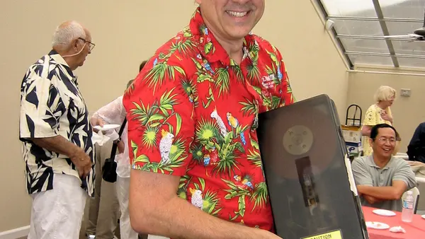 Cromemco Reunion 2004 - Steve Gross with hard disk drive from 1979