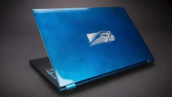 Falcon Northwest TLX gaming laptop in cobalt clouds paintwork