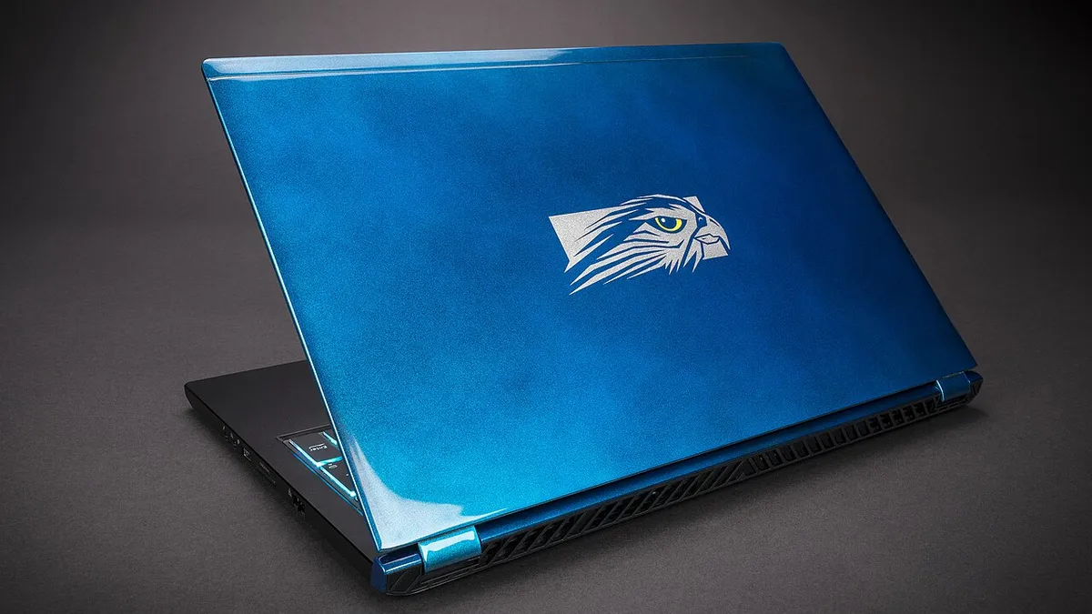 Falcon Northwest TLX gaming laptop in cobalt clouds paintwork