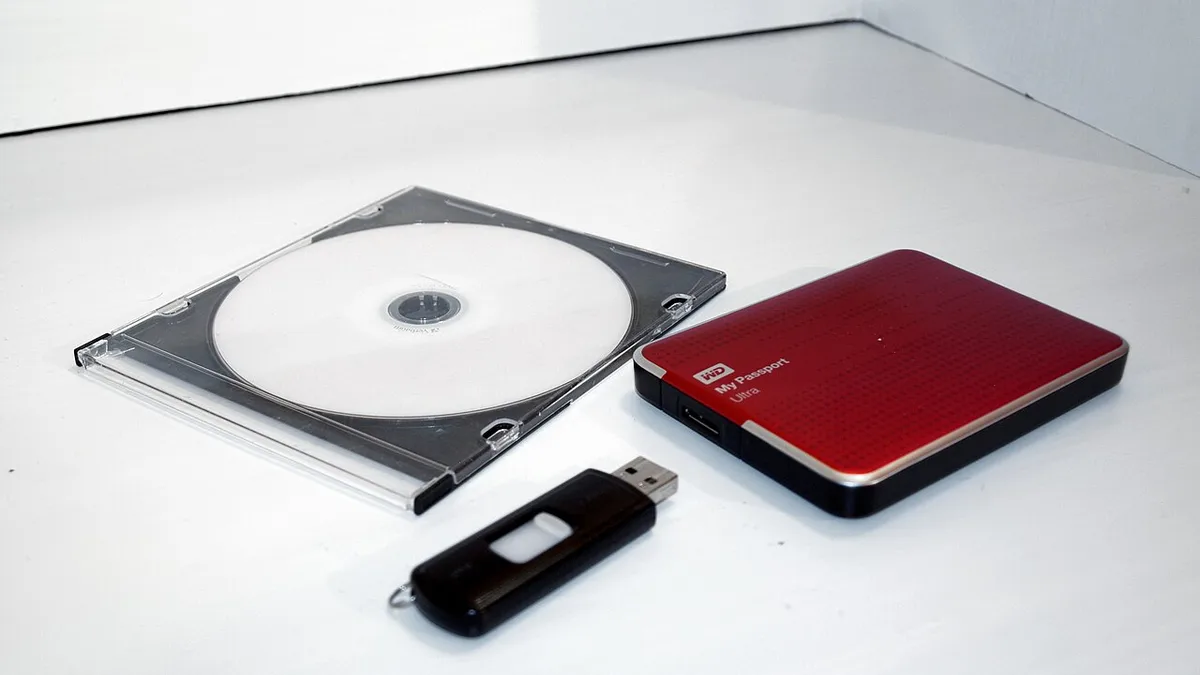 DVD, USB flash drive and external hard drive