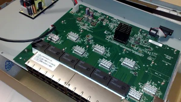 Internals of a Cisco small business SG300-28 28-port Gigabit Ethernet rackmount switch